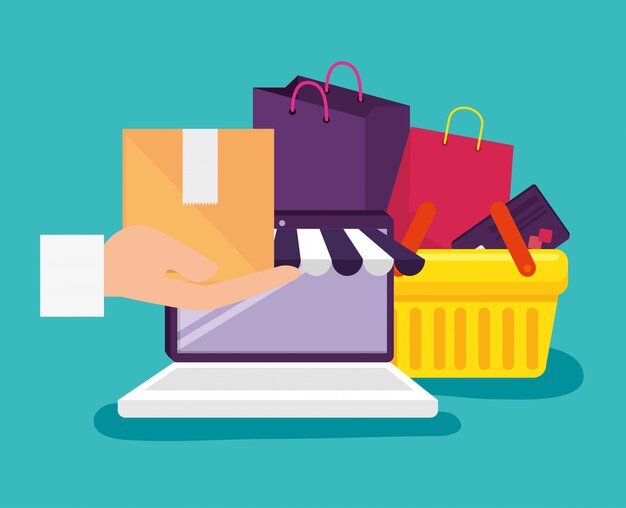 Tecnología portátil para comprar en línea con canasta y bolsas