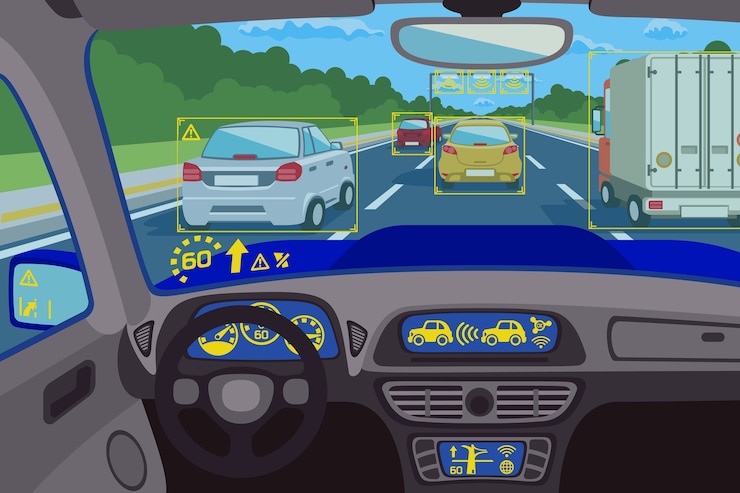 Vector gratuito tecnología del sistema head-up en el automóvil. control del sistema de tecnología, tablero de tecnología del futuro, computadora digital frontal. ilustración vectorial