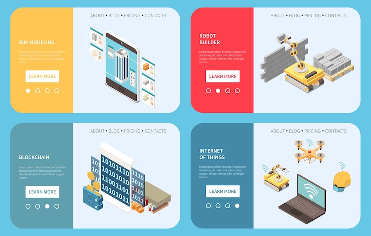 Vector gratuito tecnologías de construcción modernas concepto de diseño 2x2 con constructor de robots y páginas de destino de modelado bim ilustración vectorial isométrica
