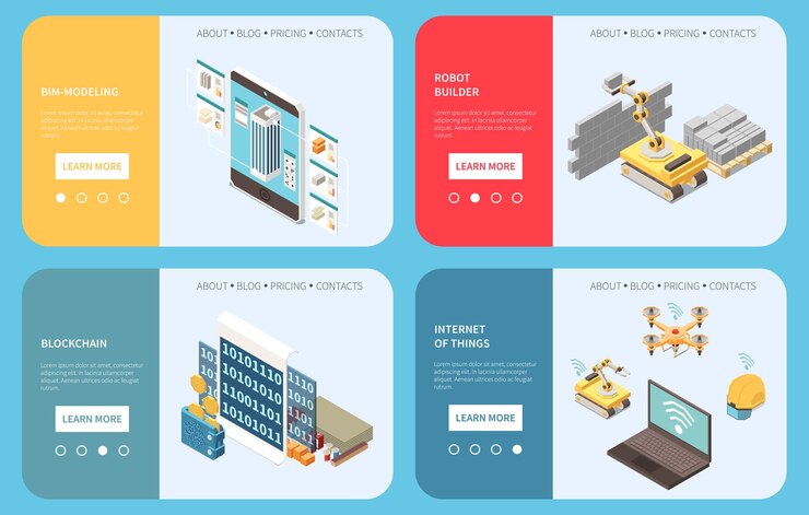 Vector gratuito tecnologías de construcción modernas concepto de diseño 2x2 con constructor de robots y páginas de destino de modelado bim ilustración vectorial isométrica