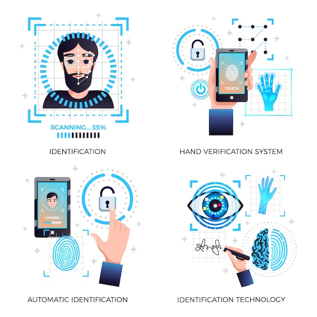 Vector gratuito tecnologías de identificación configuradas con sistemas de tecnología de verificación automática manual de reconocimiento facial aislados