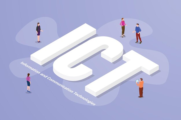 Tecnologías de la información y la comunicación tic palabra de texto grande y personas alrededor con estilo isométrico moderno