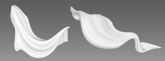 Tela de mosca blanca, tela de vuelo doblada, material de satén suave y fluido, cortinas transparentes y ligeras. Textiles decorativos abstractos o cortinas aisladas sobre fondo gris. Ilustración 3d realista