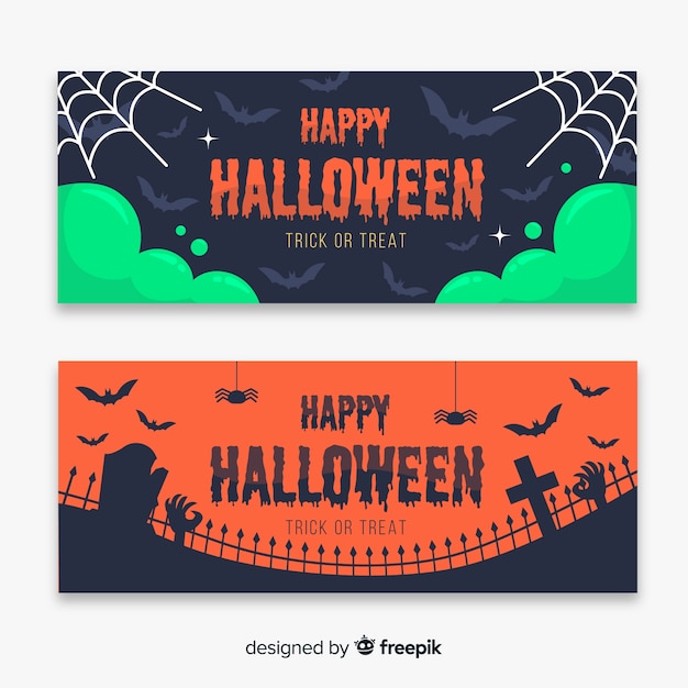 Vector gratuito telaraña y cementerio plana pancartas de halloween