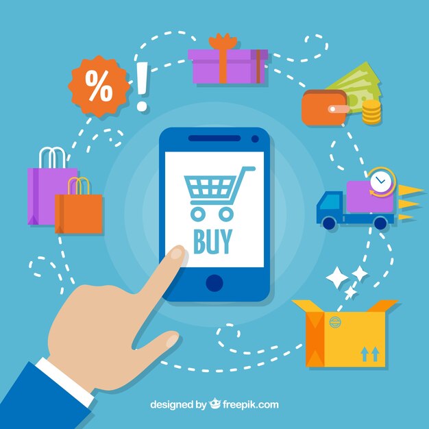 Teléfono, dedo e iconos de compras con diseño plano