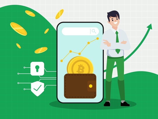 Teléfono inteligente con moneda bitcoin y mercado de criptomonedas de moneda digital de billetera