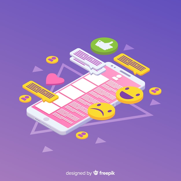 Teléfono isométrico con iconos y concepto de chat