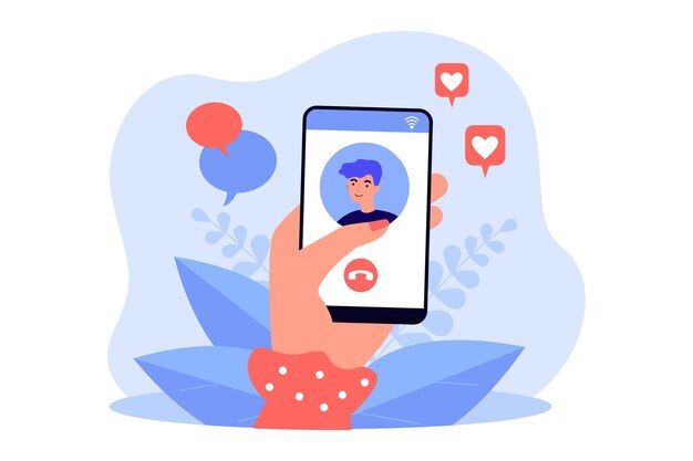 Teléfono de mano con videollamada con persona de dibujos animados en la pantalla. Novia videollamada novio a través de la ilustración de vector plano de teléfono inteligente. Tecnología, comunicación, concepto familiar para banner.