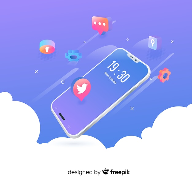 Vector gratuito teléfono móvil antigravedad con elementos