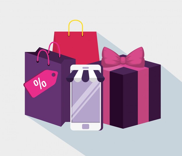 teléfono móvil con bolsa y regalos