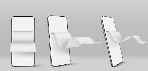 Teléfono móvil con factura financiera en papel en la vista frontal y en ángulo