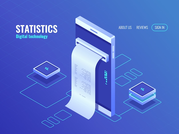 Teléfono móvil con icono isométrico de nómina, datos en pantalla del teléfono inteligente