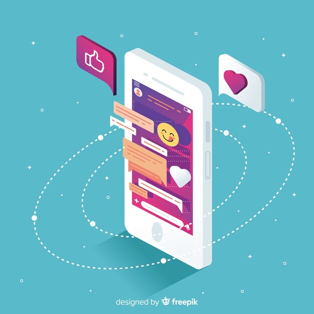 Teléfono móvil isométrico con chat y emojis.