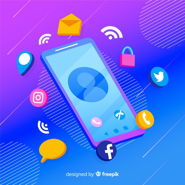 Teléfono móvil isométrico con iconos de aplicaciones