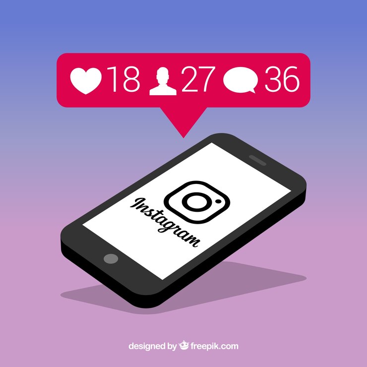 Vector gratuito teléfono móvil con plantilla de publicación de instagram y notificaciones