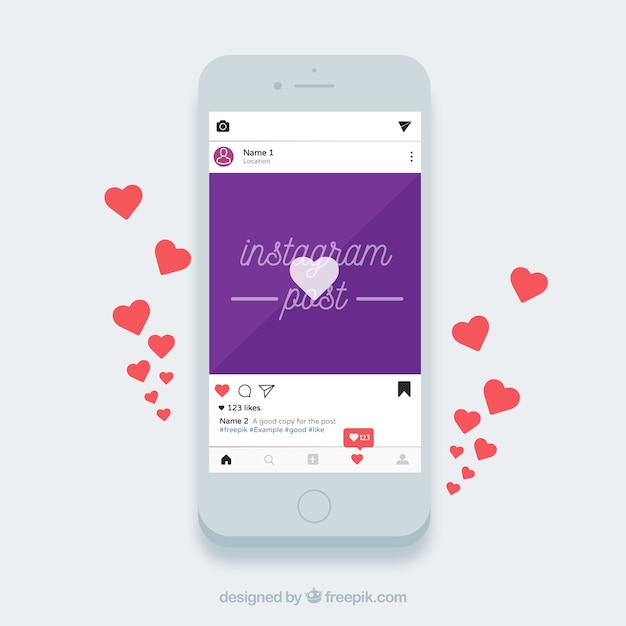 Vector gratuito teléfono móvil con plantilla de publicación de instagram y notificaciones