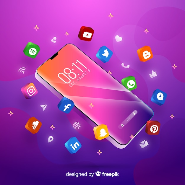 Teléfono móvil con tema púrpura rodeado de aplicaciones coloridas