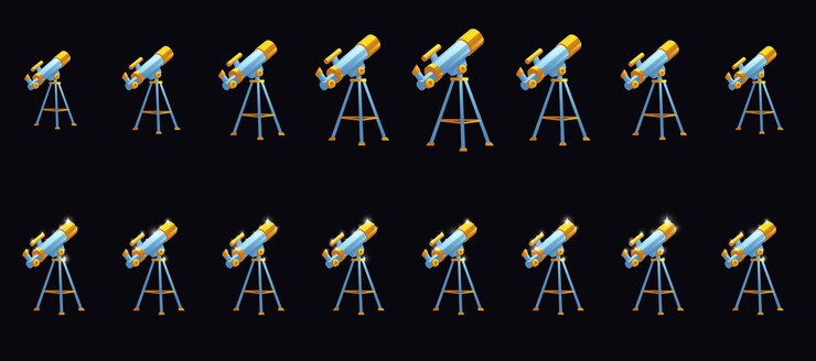 Vector gratuito telescopios de diferentes tamaños con animación de brillo.