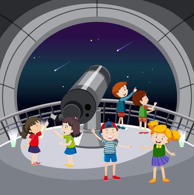Tema de astronomía con muchos niños mirando estrellas.