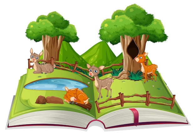 Tema de bosque de libro abierto sobre fondo blanco