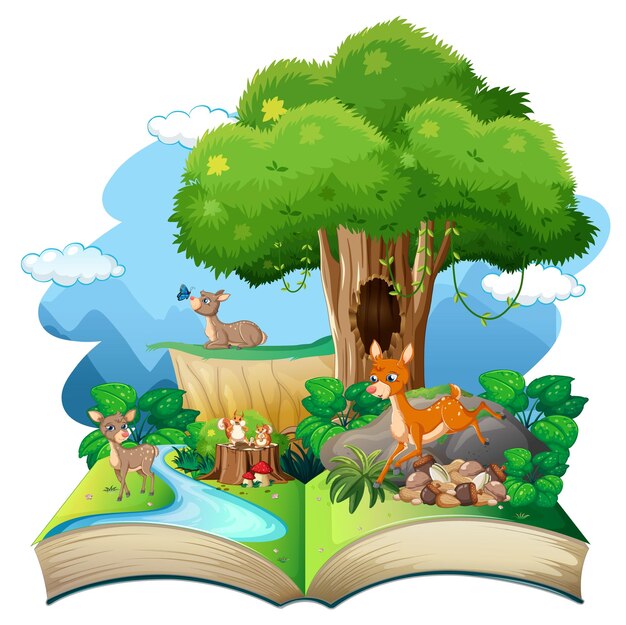 Tema de bosque de libro abierto sobre fondo blanco