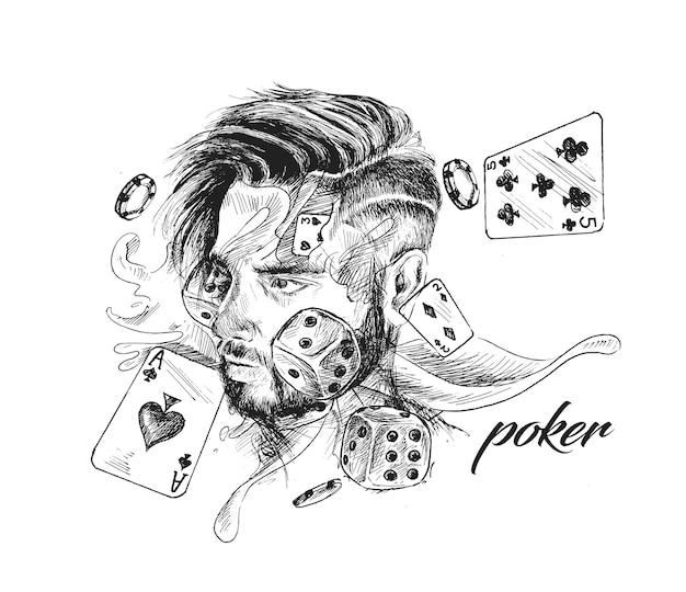 Vector gratuito tema de casino con fichas de juego y cartas de póquer ilustración de vector de boceto dibujado a mano