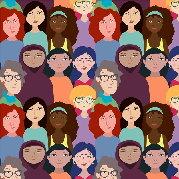 Tema del evento del día de la mujer con patrón de caras de mujeres