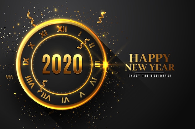 Vector gratuito tema de fondo de pantalla de reloj de año nuevo realista 2020