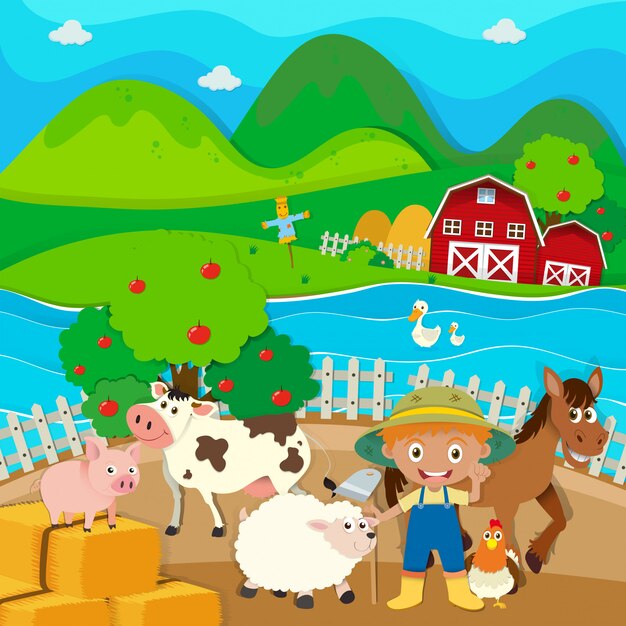 Tema de granja con granjero y animales de granja