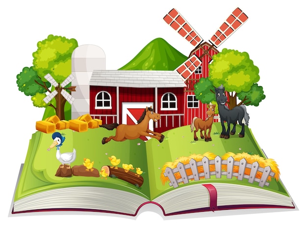 Tema de granja de libro abierto sobre fondo blanco