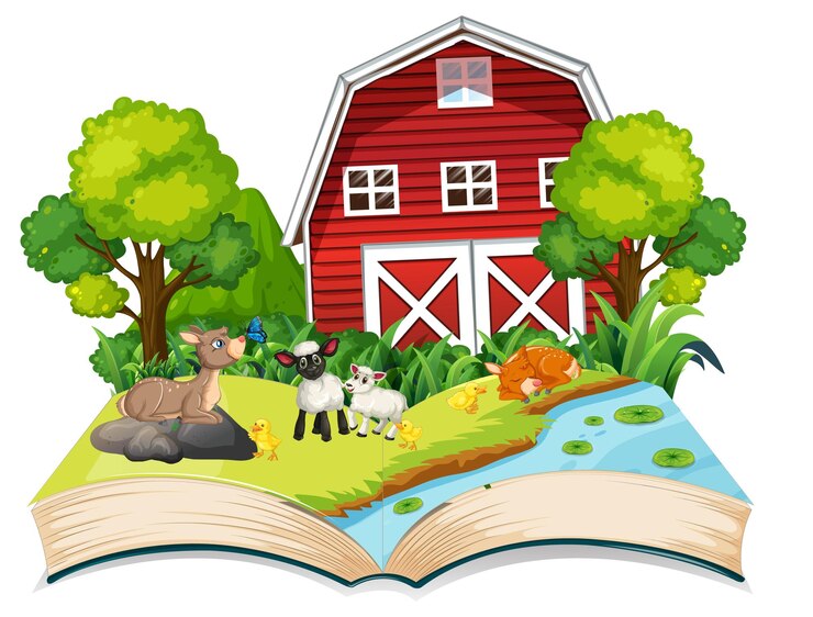 Vector gratuito tema de granja de libro abierto sobre fondo blanco