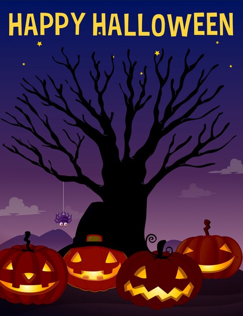 Tema de Halloween con árbol y calabazas