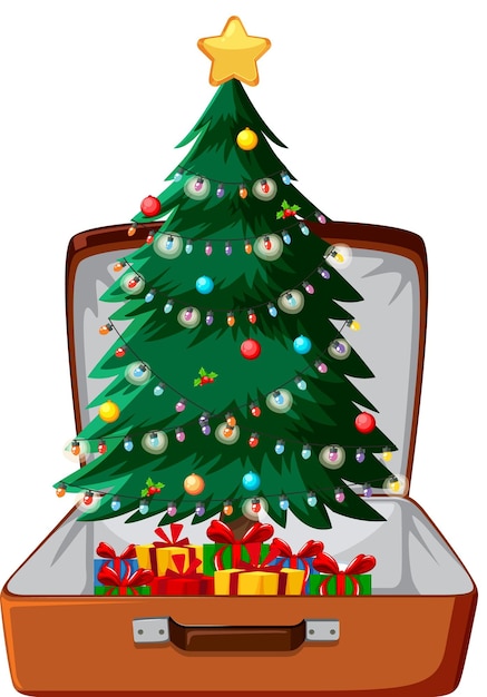 Tema de Navidad con árbol de Navidad en un equipaje en backgr blanco