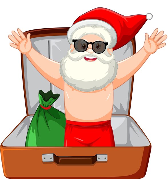 Tema de Navidad con Santa en un equipaje sobre fondo blanco.