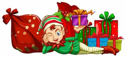 Vector gratuito tema navideño con cajas de regalo y elfo.