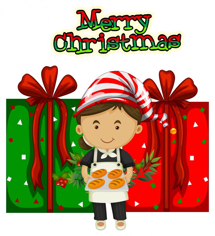 Vector gratuito tema navideño con chef y regalos.
