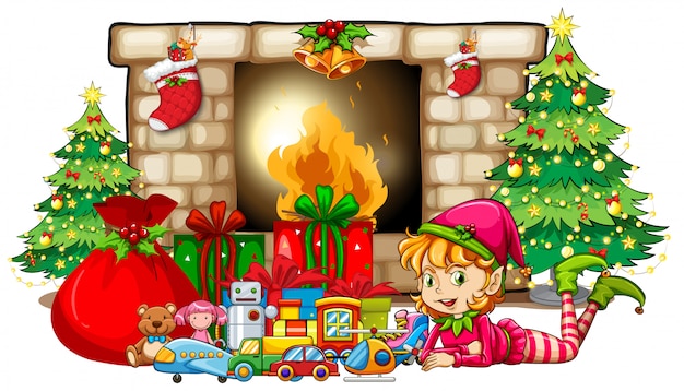 Tema navideño con elfo y juguetes por chimenea