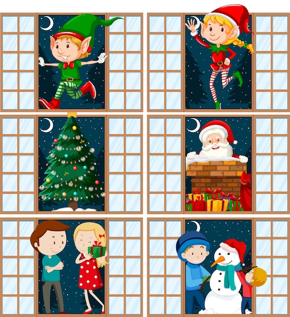 Tema navideño elfo santasnowman y familia en la puerta