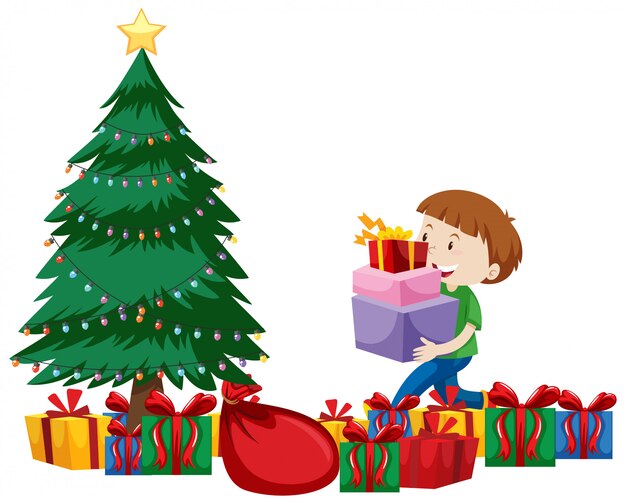 Tema navideño con niño y muchos regalos