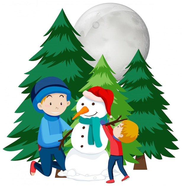 Tema navideño con niños manking snowman