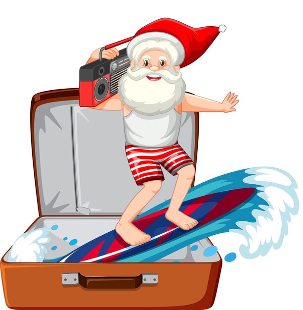 Tema navideño con Santa surfeando en un equipaje en centrico blanco