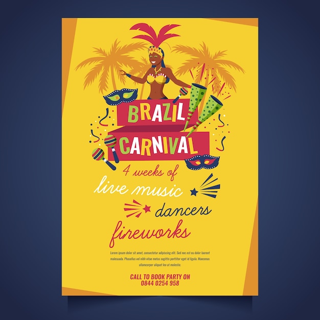 Tema de plantilla de cartel de carnaval brasileño de diseño plano