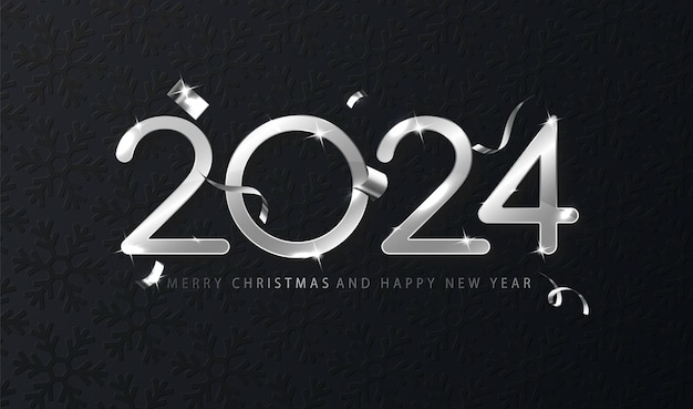 Vector gratuito tema plata 2024 feliz año nuevo el diseño festivo presenta confeti en cascada sobre un fondo oscuro, plantilla ideal para crear tarjetas y pancartas que capturen la esencia de la temporada navideña.