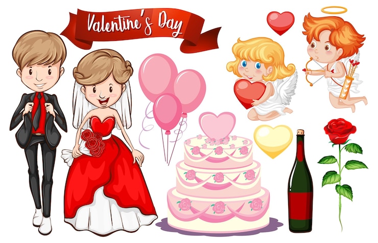 Vector gratuito tema de san valentin con cupido y pastel