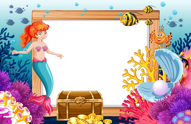 Tema de sirena y animal marino con estilo de dibujos animados de banner en blanco en el fondo del mar