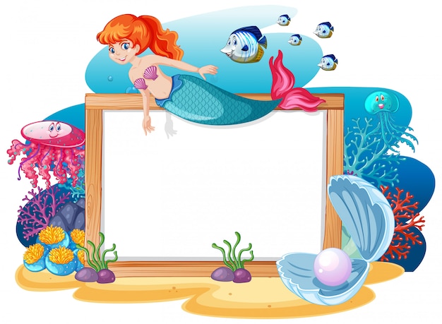 Tema de sirena y animal marino con estilo de dibujos animados de banner en blanco sobre fondo blanco