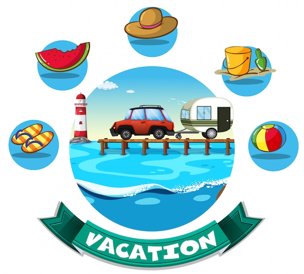 Tema de vacaciones con vagones y objetos de playa.