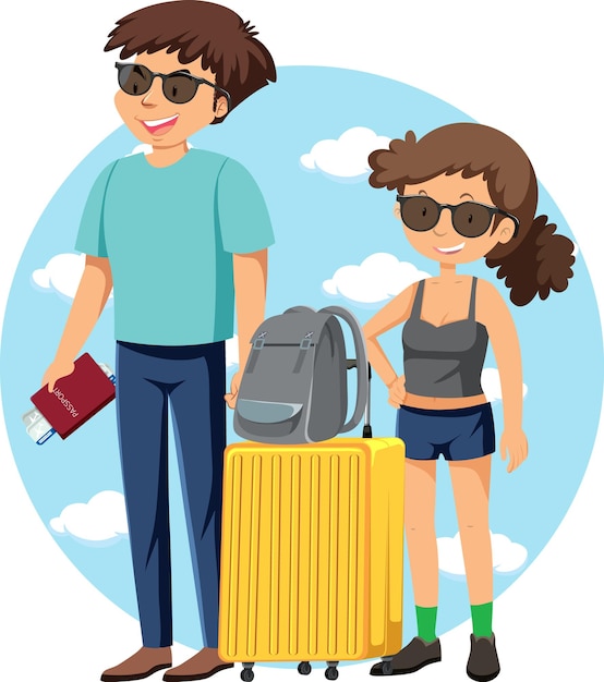 Vector gratuito tema de vacaciones de viaje masculino y femenino con mochila