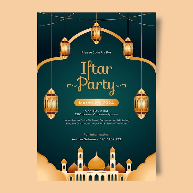 Templata de invitación realista para la fiesta de iftar para la celebración islámica del Ramadán.