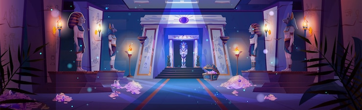 Vector gratuito templo del faraón egipcio con tesoro y tumba noche palacio del antiguo egipto fondo pirámide interior de la habitación interior con sarcófago antorcha fuego jeroglíficos en la pared y brillo mágico de la luz de la luna